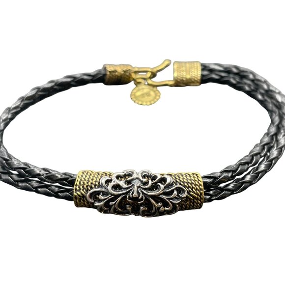 Braided Leather Bracelet With Ornate Gold-Toned Clasp & SB Logo Charm - Picture 2 of 4
